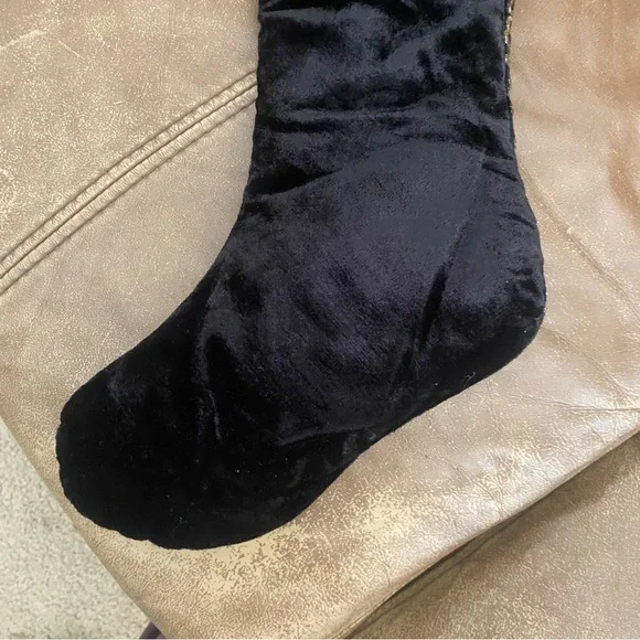 Luxury Embroidered Rhinestone Embellished Velvet Christmas Stocking Black Gold - Picture 6 of 7